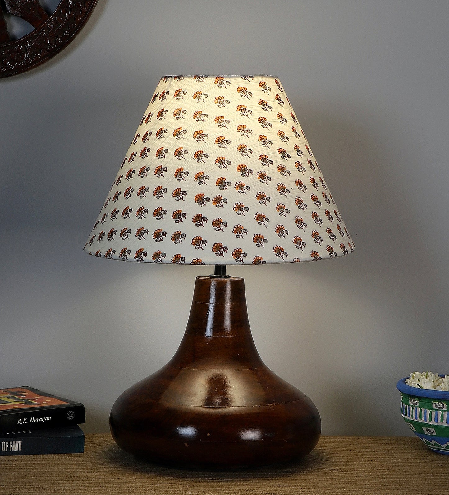 Yogasana Dark brown Table Lamp with Yellow Printed Shade