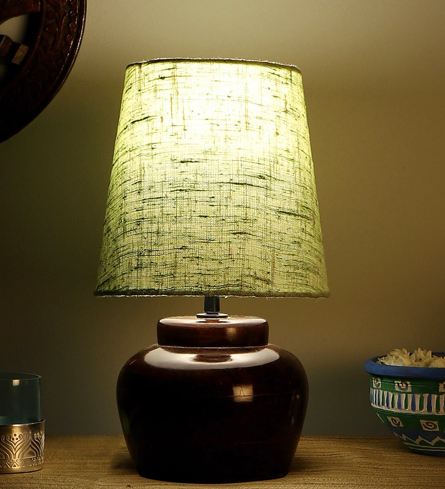 Nirvana Bed side Lamp with Green Khadi Shade