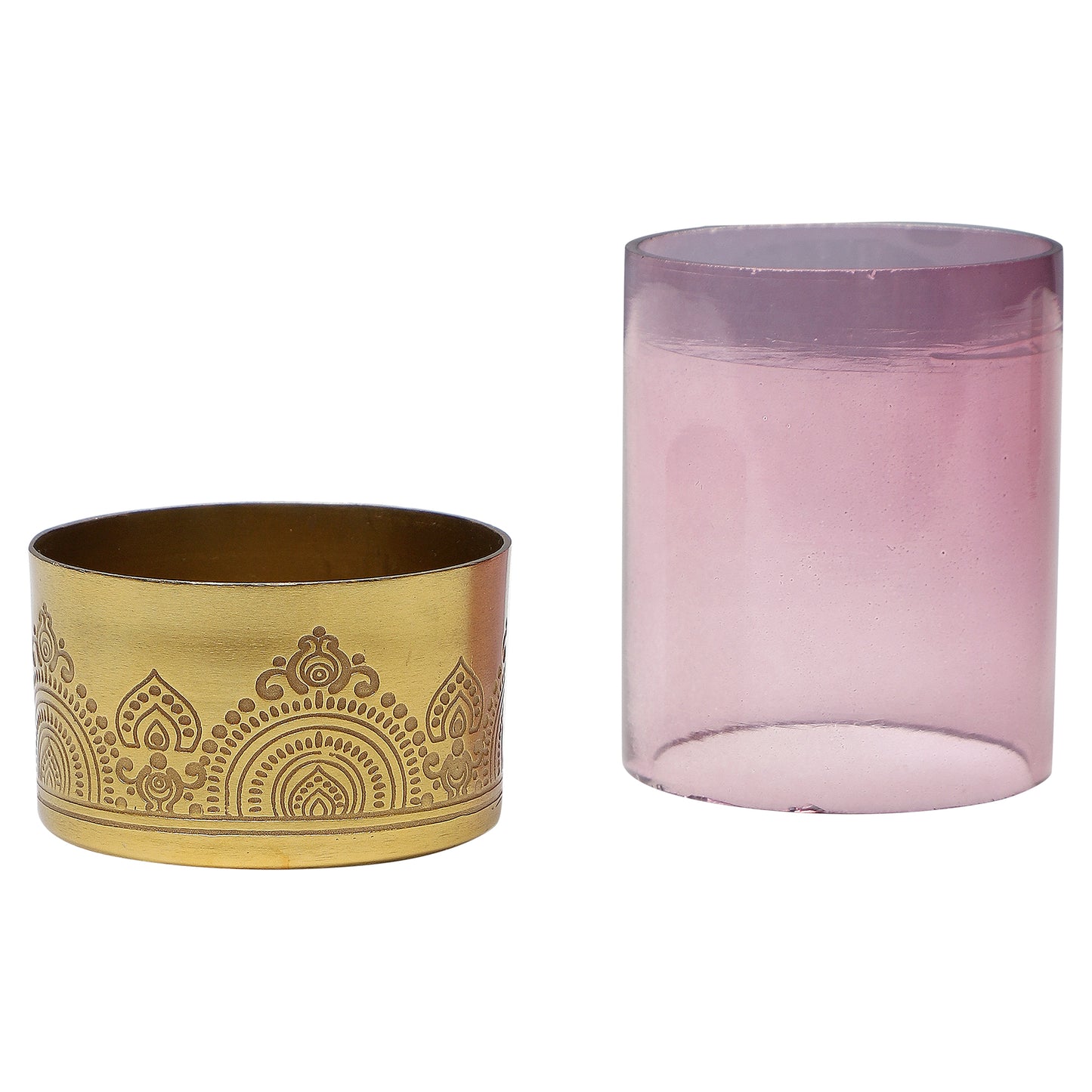 Dohar Festive Gift hamper with Brass Plated Assorted Tea Light stand and Set of 2 Votive with Purple Glass