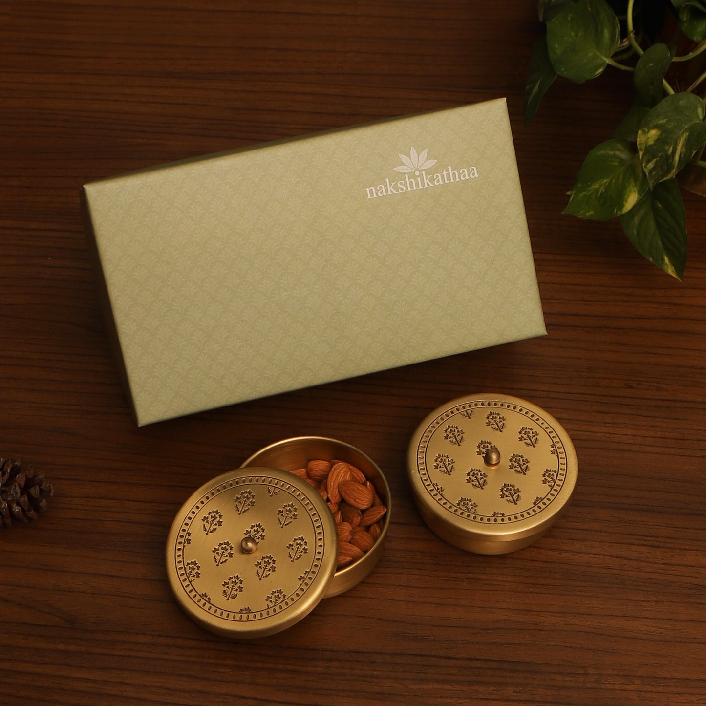 Mogra Brass Nut Bowl Gift Hamper - Set of 2 (Gold & Antique)