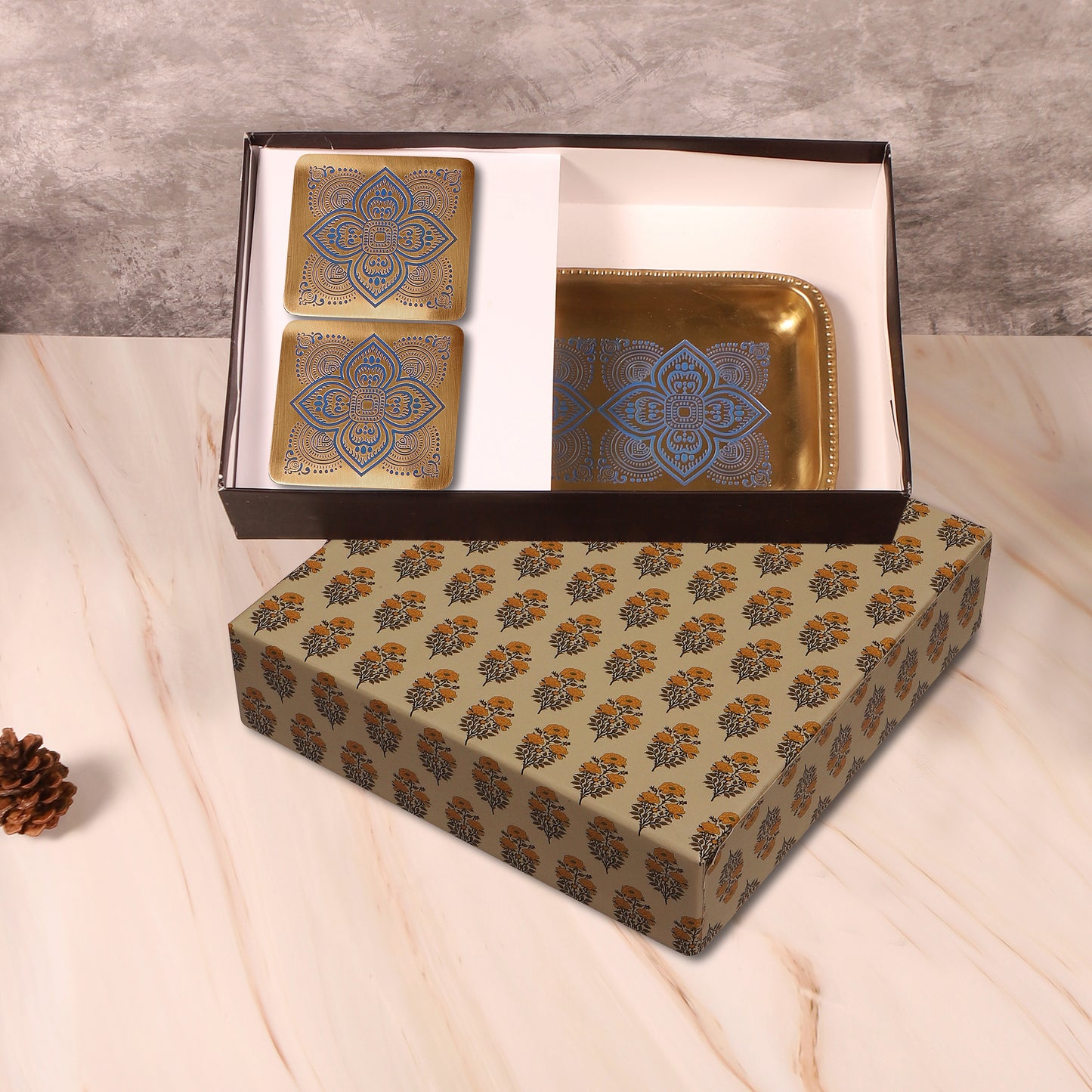 Dohar Brass Serveware Gift Hamper with Brass Rectangular Tray & Square Set of 2 coasters (Blue)