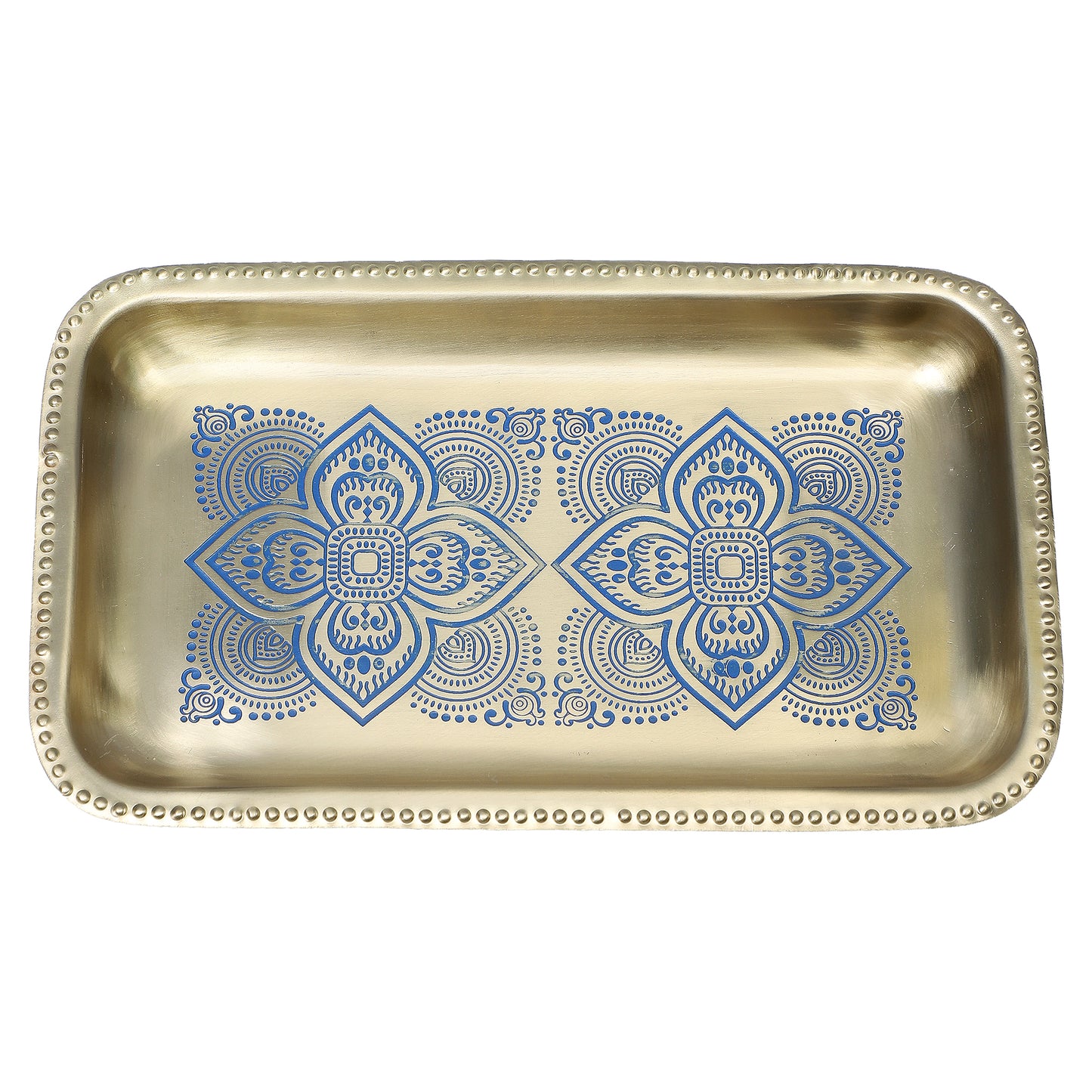 Dohar Brass Serveware Gift Hamper with Brass Rectangular Tray & Square Set of 2 coasters (Blue)