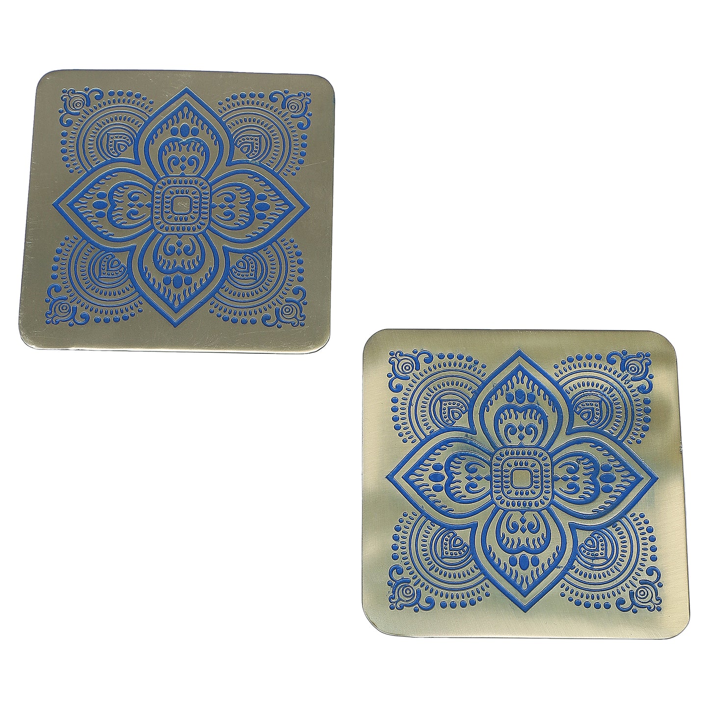 Dohar Brass Serveware Gift Hamper with Brass Rectangular Tray & Square Set of 2 coasters (Blue)