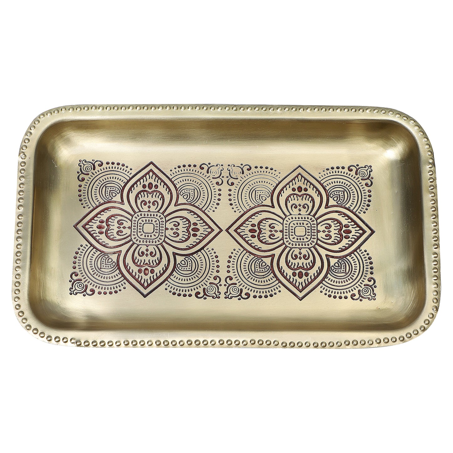 Dohar Brass Serveware Gift Hamper with Brass Rectangular Tray & Square Set of 2 coasters (Maroon)
