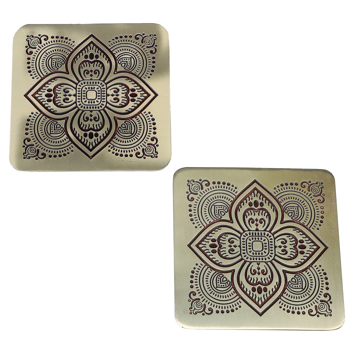 Dohar Brass Serveware Gift Hamper with Brass Rectangular Tray & Square Set of 2 coasters (Maroon)