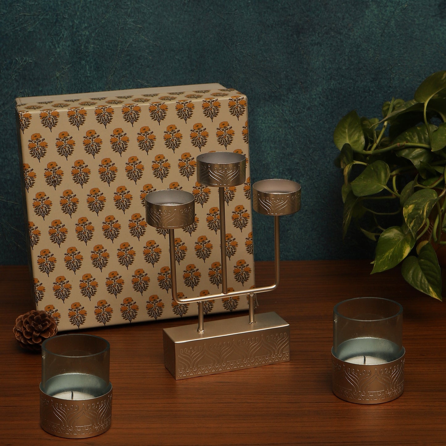 Utsav Festive Gift hamper with Silver Plated Assorted Tea Light stand and Set of 2 Votive with Blue Glass