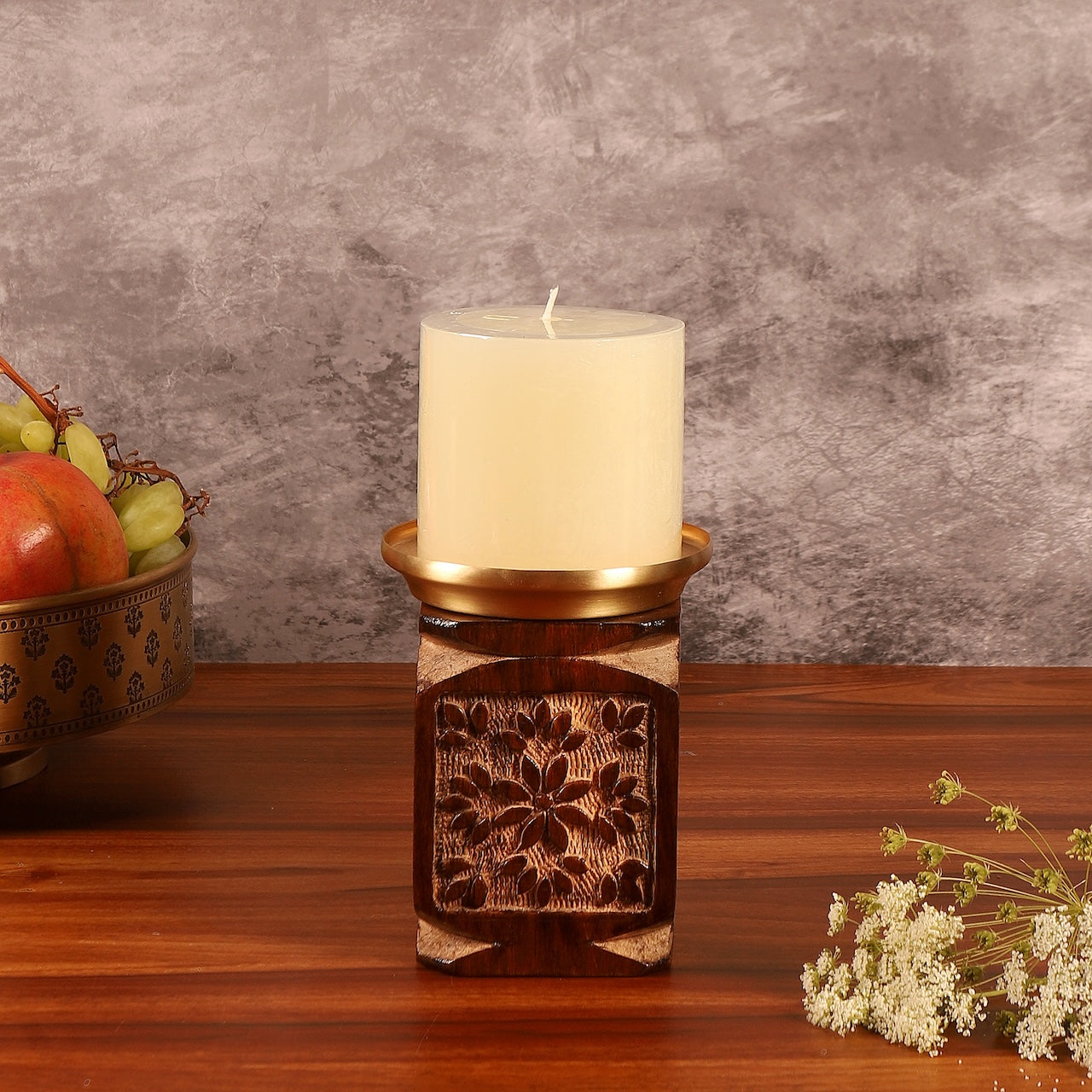 Amogh Brown and Off white Hand Carved Wooden Candle Stand with Brass Candle plate