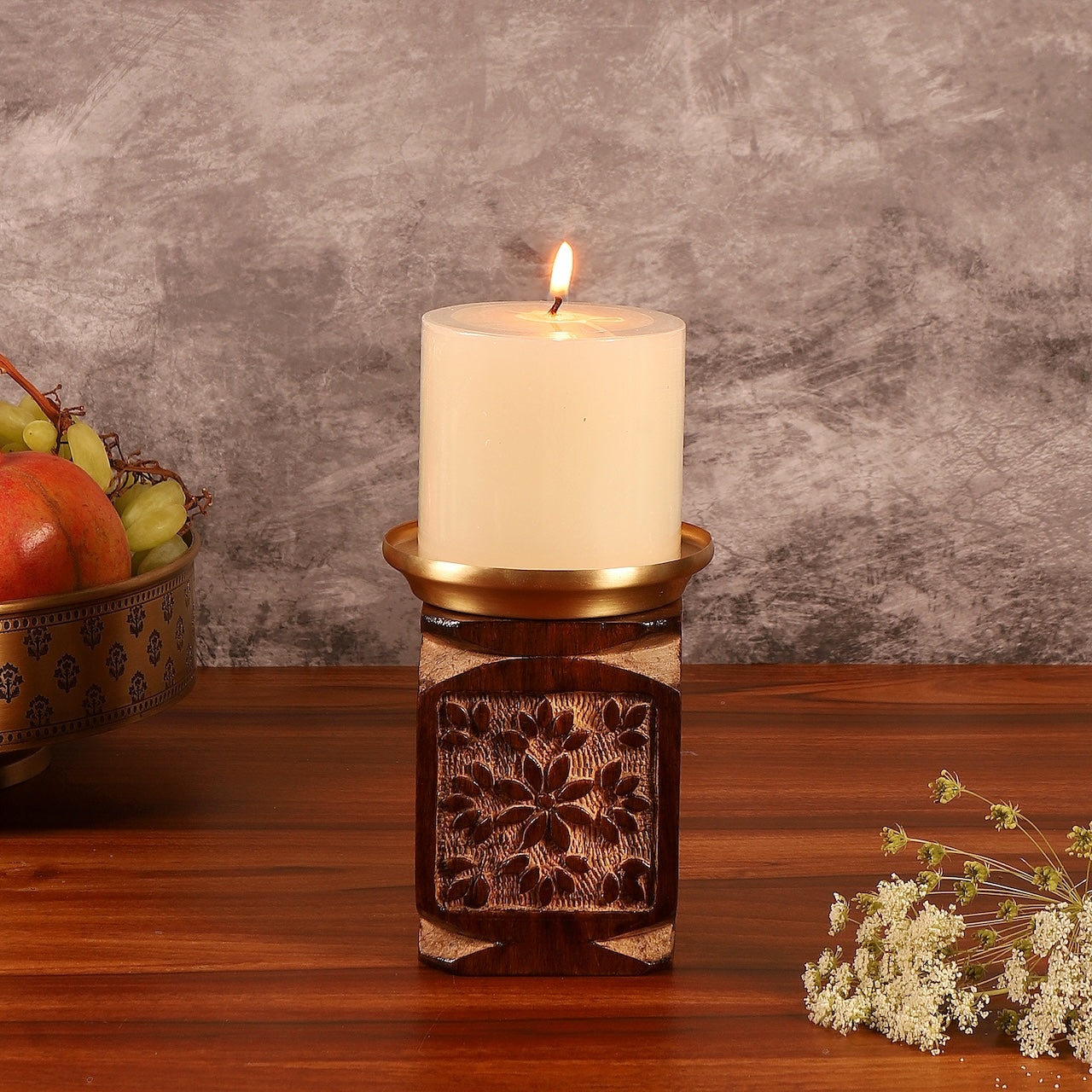 Amogh Brown and Off white Hand Carved Wooden Candle Stand with Brass Candle plate