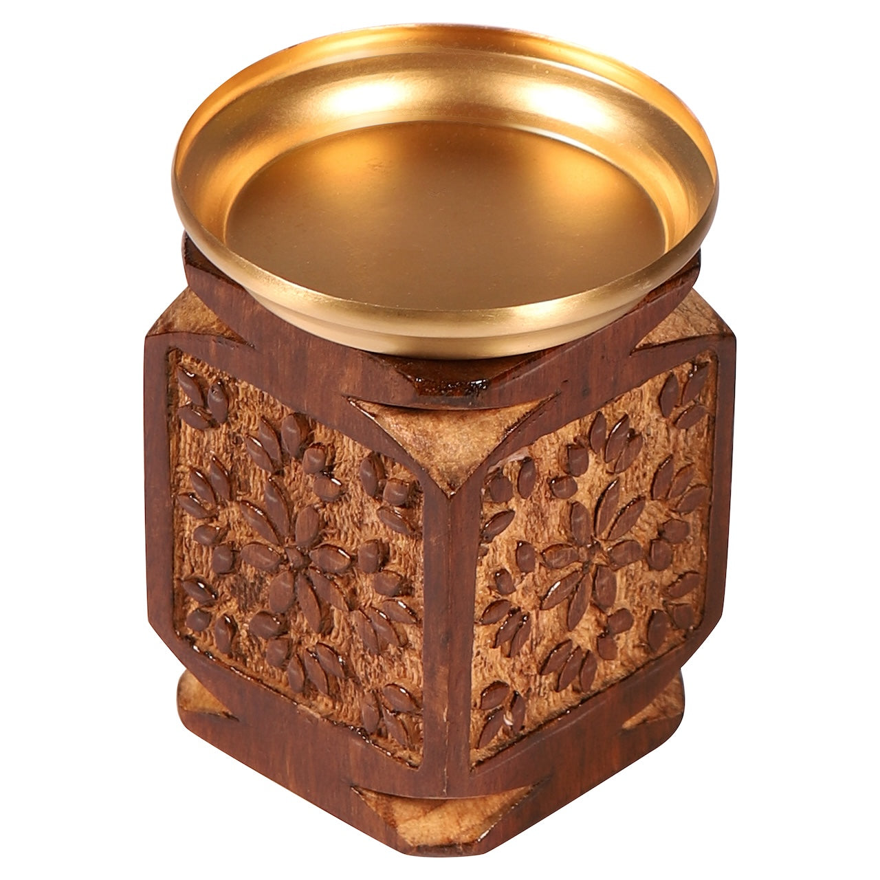 Amogh Brown and Off white Hand Carved Wooden Candle Stand with Brass Candle plate