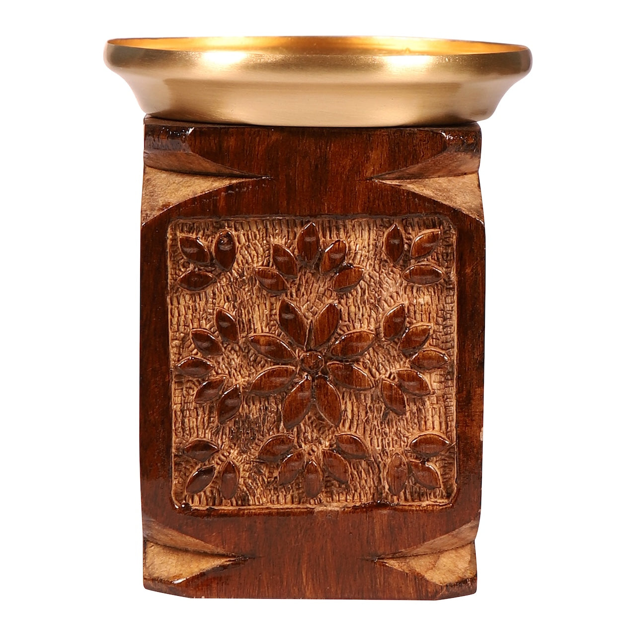 Amogh Brown and Off white Hand Carved Wooden Candle Stand with Brass Candle plate