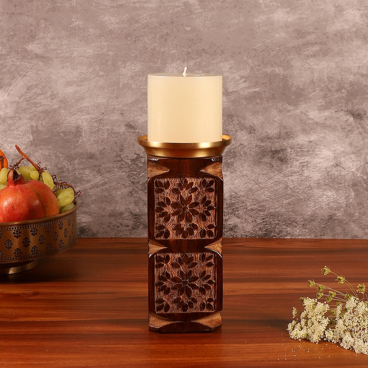 Amogh Brown and Off white Hand Carved Wooden Candle Stand with Brass Candle plate (Large)