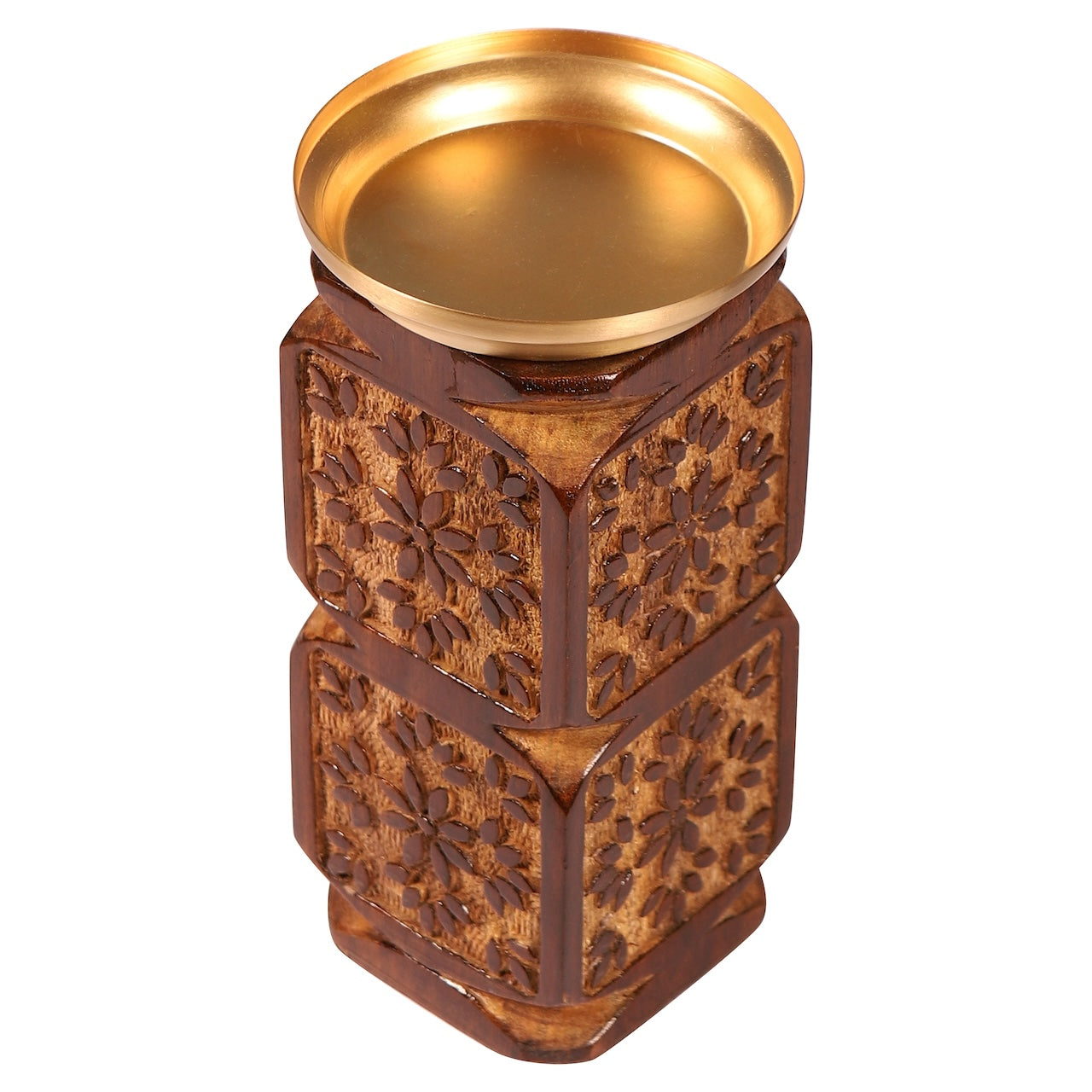Amogh Brown and Off white Hand Carved Wooden Candle Stand with Brass Candle plate (Large)