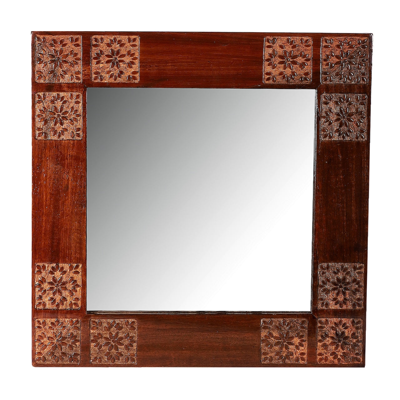 Amogh Brown and off white Hand Carved Wooden Mirror