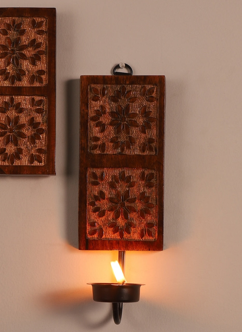 Amogh Brown and Off White Hand Carved Wooden Wall Sconce with Tea light holder