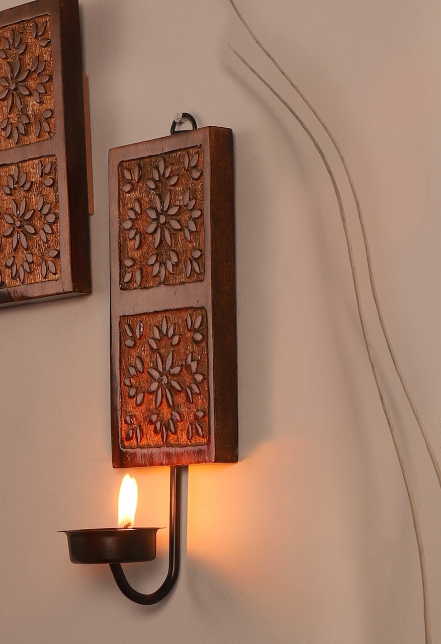 Amogh Brown and Off White Hand Carved Wooden Wall Sconce with Tea light holder