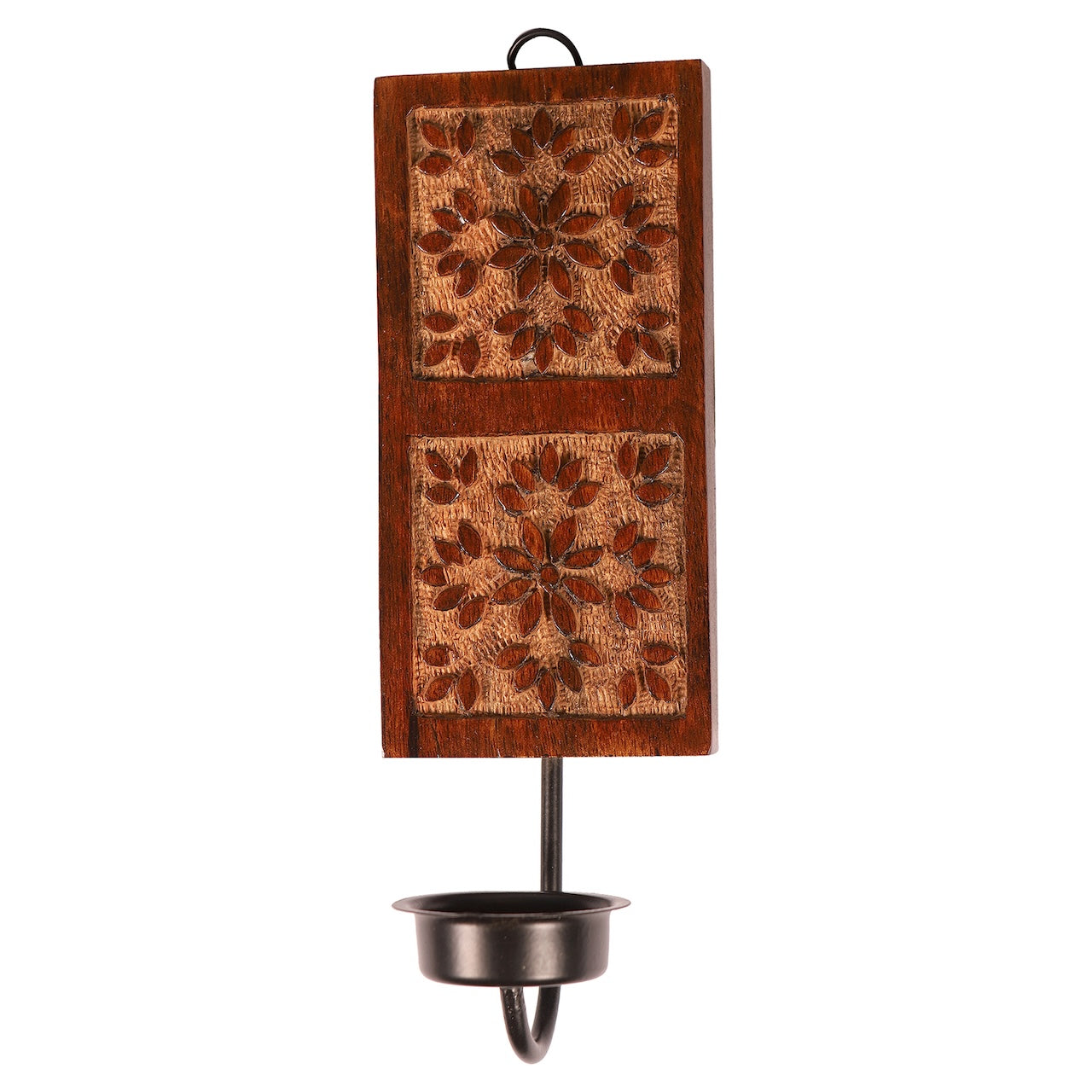 Amogh Brown and Off White Hand Carved Wooden Wall Sconce with Tea light holder