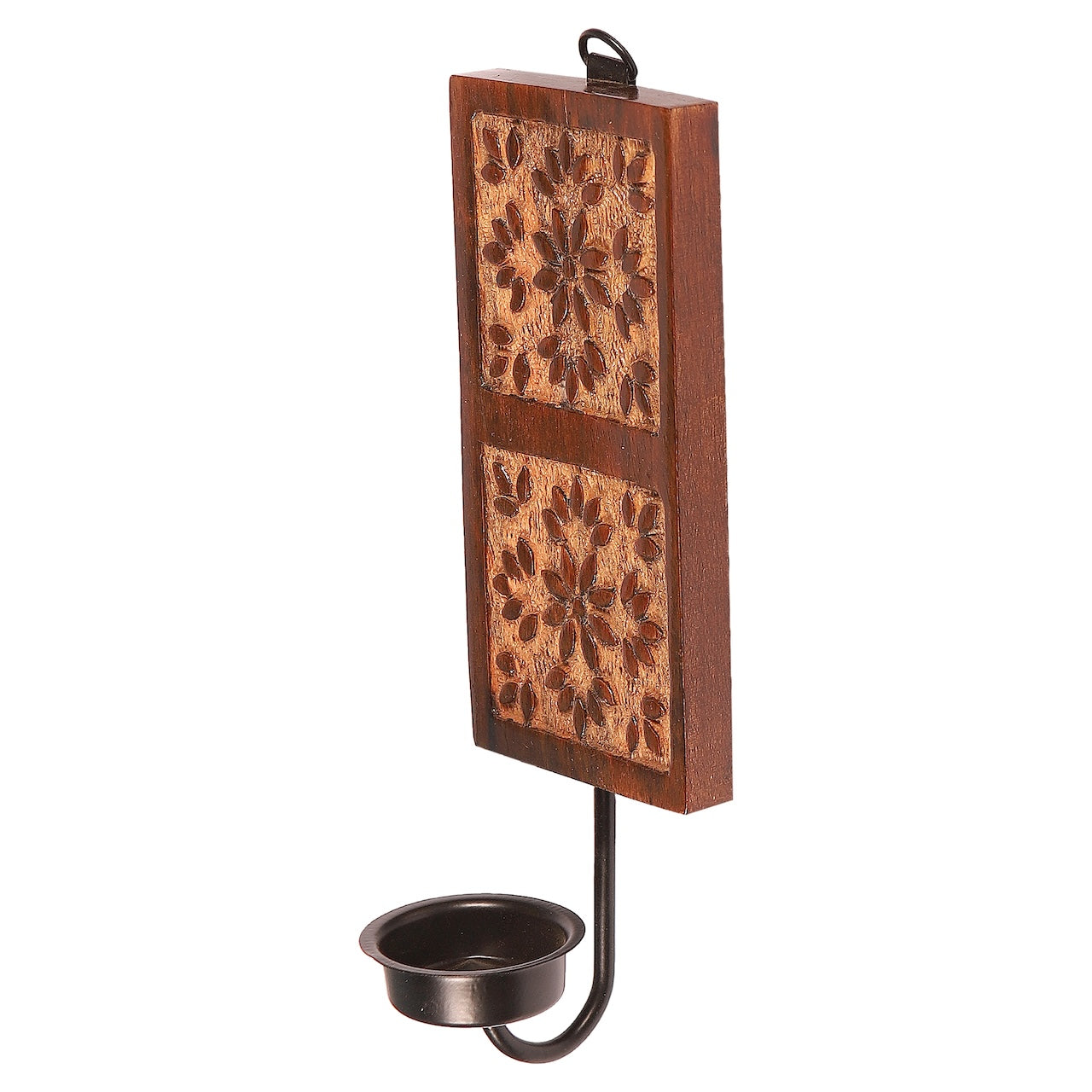 Amogh Brown and Off White Hand Carved Wooden Wall Sconce with Tea light holder