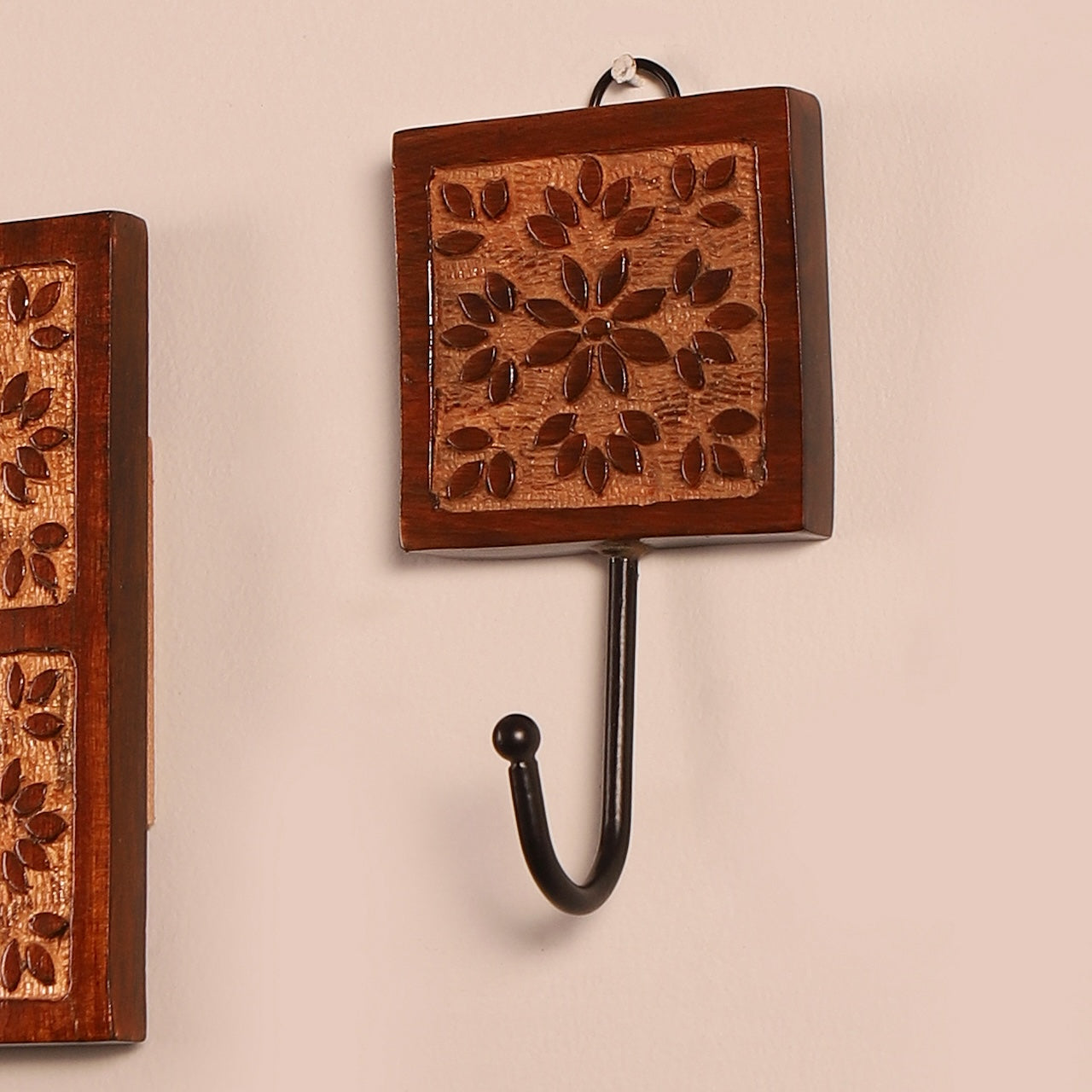 Amogh Brown and off white Hand Carved Wooden Single Wall hook