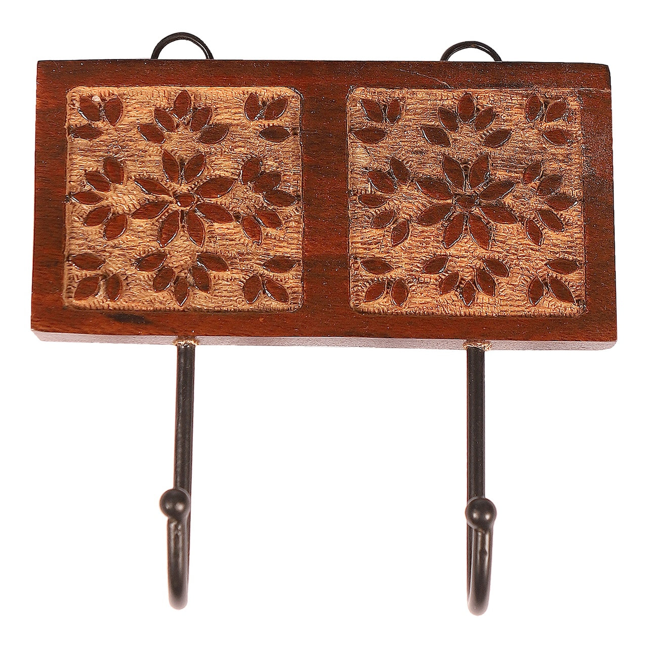 Amogh Brown and off white Hand Carved Wooden Double Wall hook