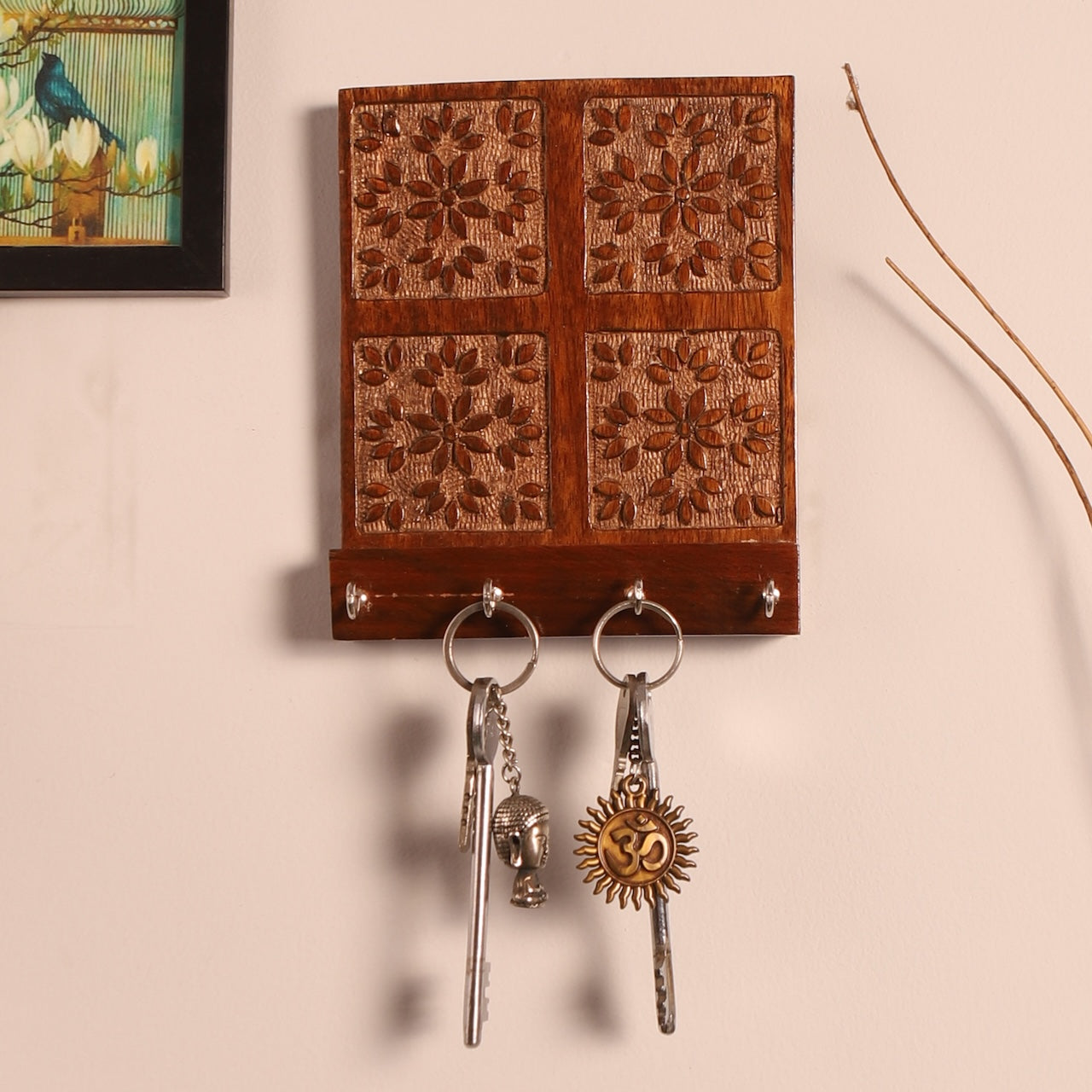 Amogh Brown and off white Hand Carved Wooden Wall Key rack