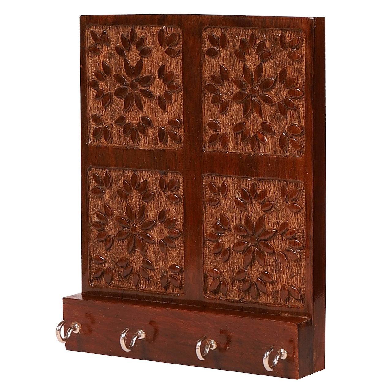 Amogh Brown and off white Hand Carved Wooden Wall Key rack
