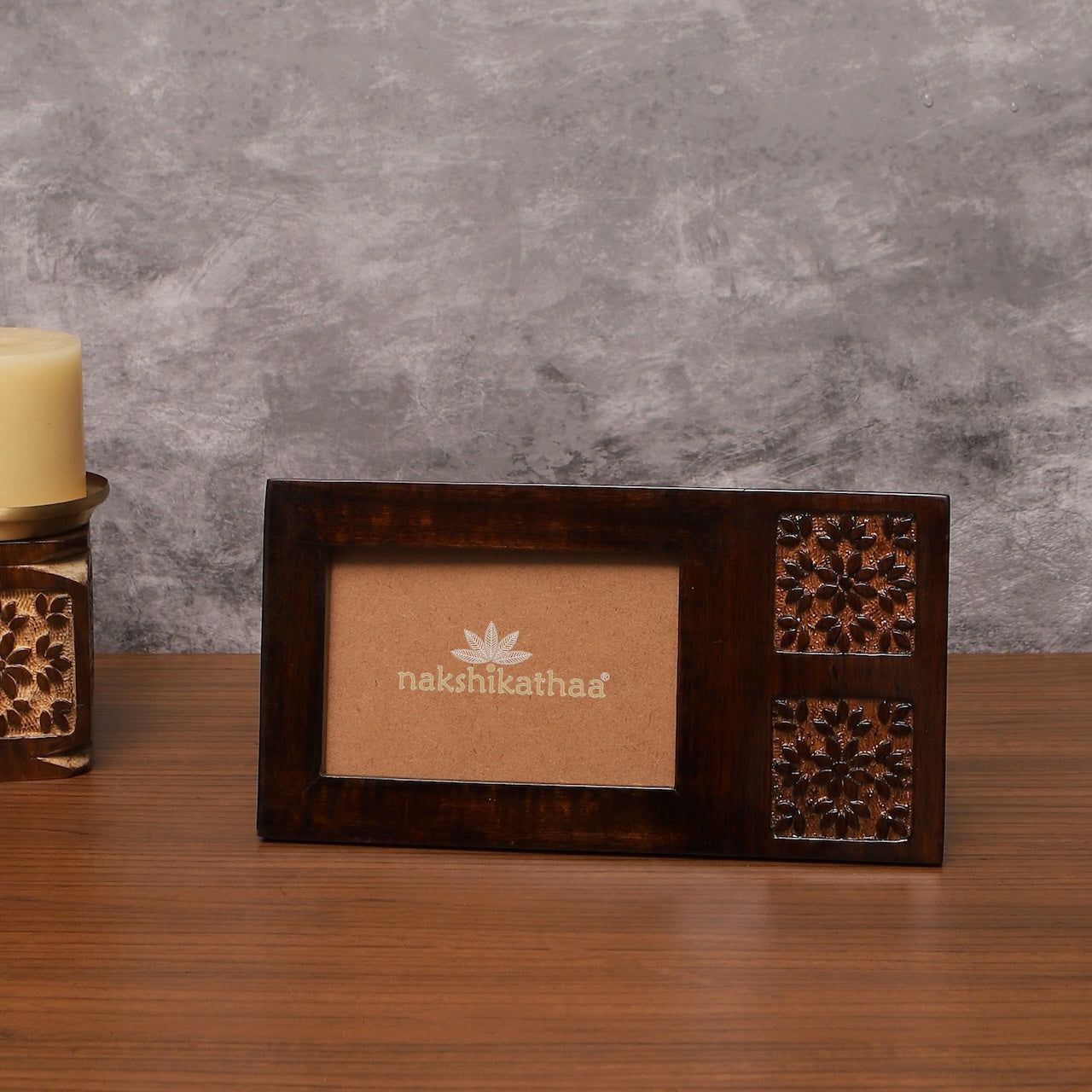 Amogh Brown and off white Hand Carved Wooden Photo frame