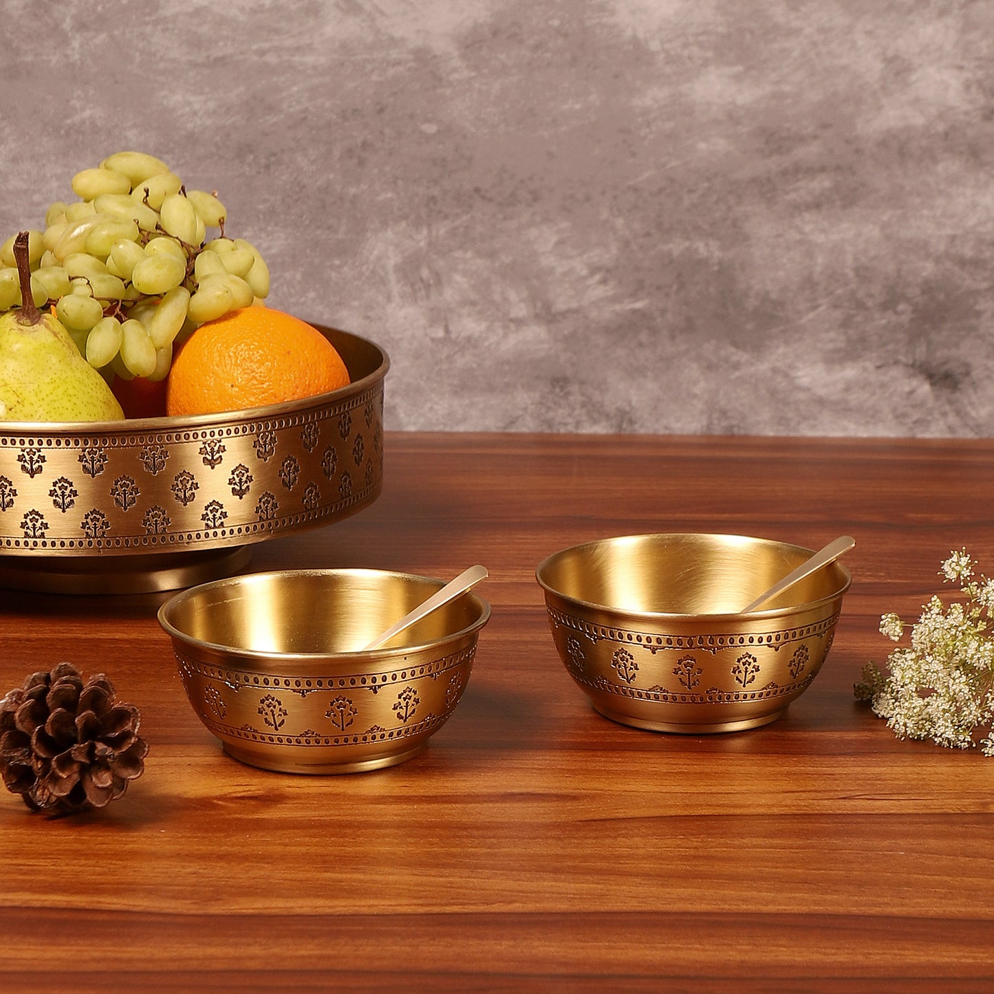 Mogra Brass Dessert Bowl with Spoon - Set of 2 (Gold & Antique)