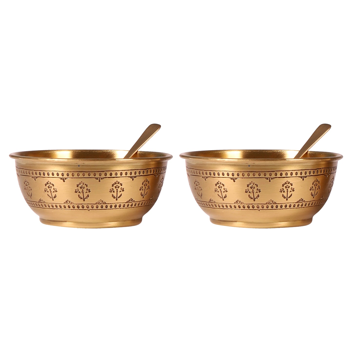 Mogra Brass Dessert Bowl with Spoon - Set of 2 (Gold & Antique)