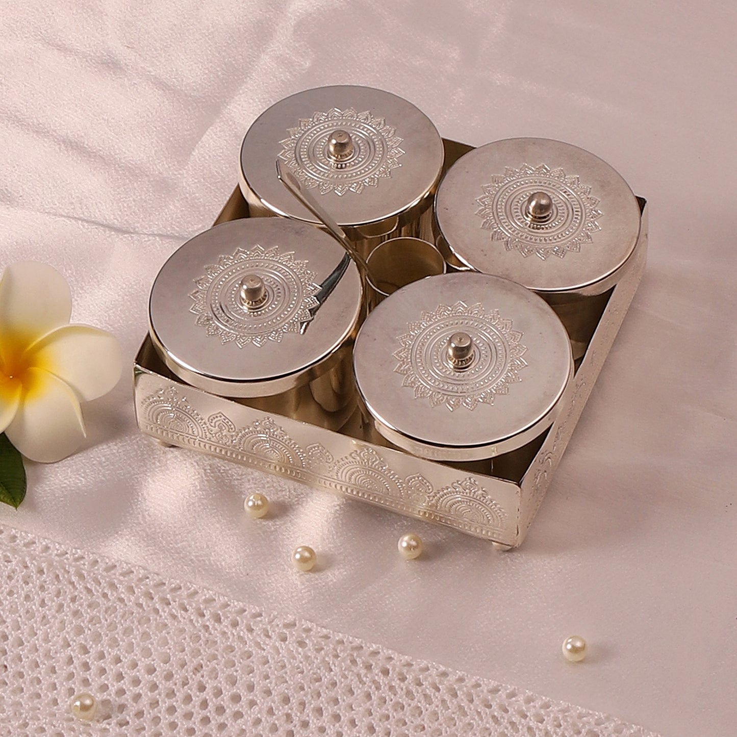 Silver Plated Brass Condiment Jars with Tray,Spoon holder & Spoon (Silver)