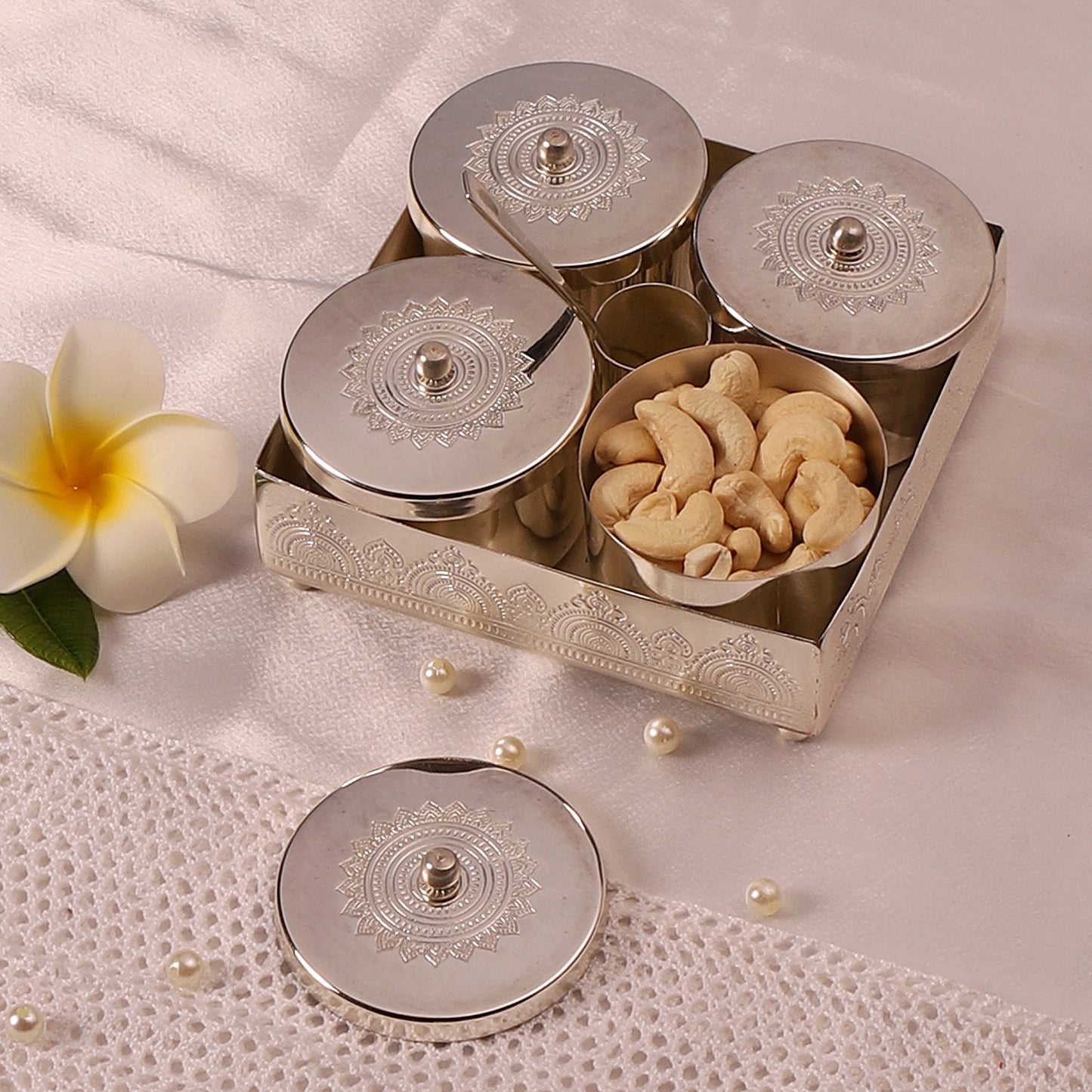 Silver Plated Brass Condiment Jars with Tray,Spoon holder & Spoon (Silver)