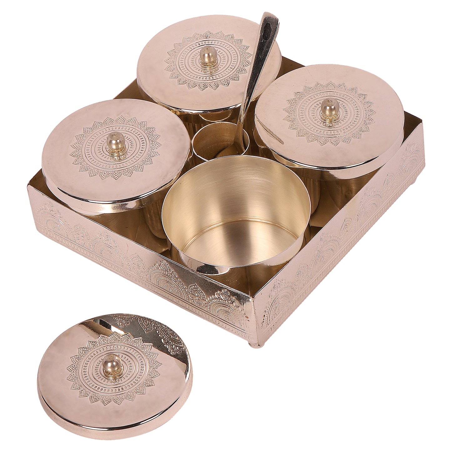 Silver Plated Brass Condiment Jars with Tray,Spoon holder & Spoon (Silver)