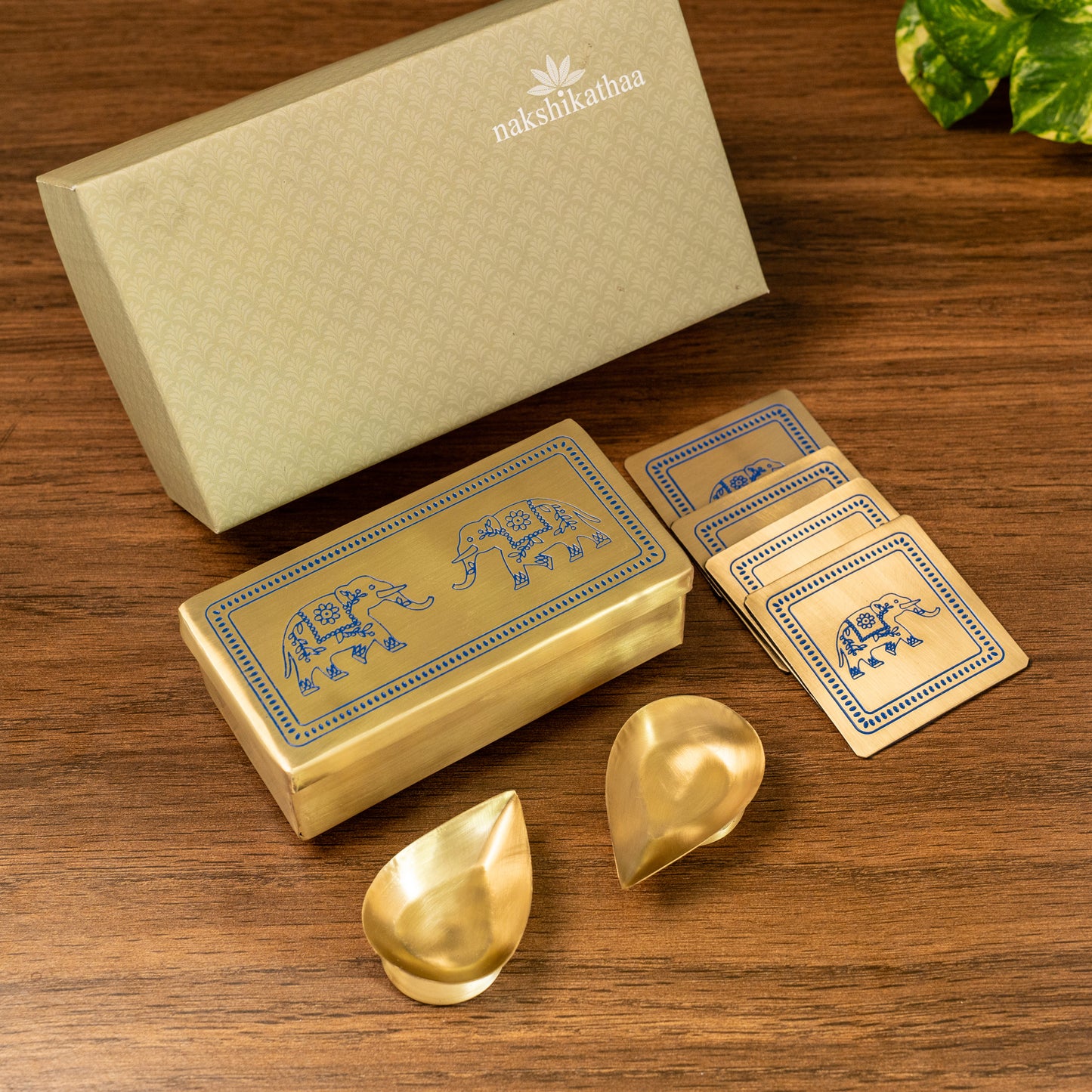 Brass Elephant Gift Box & Set of 4 coasters (Blue)