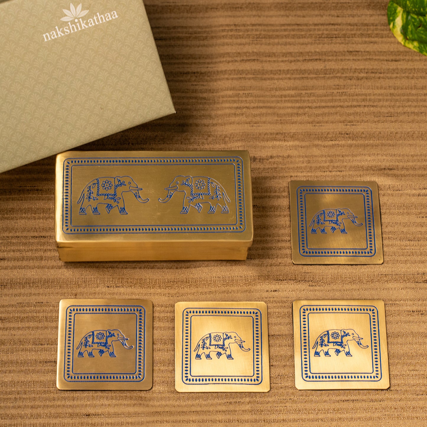 Brass Elephant Gift Box & Set of 4 coasters (Blue)