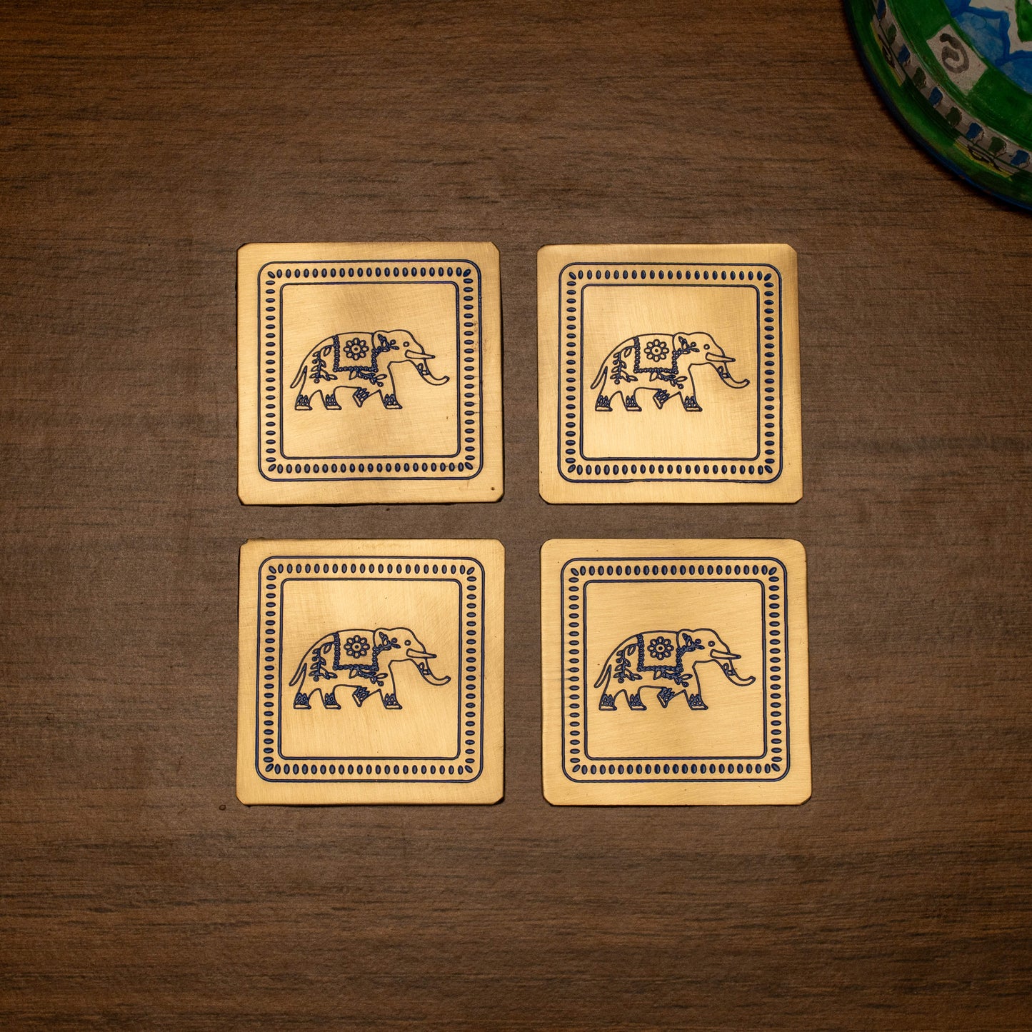 Brass Elephant Coasters - Set of 4 (Blue)