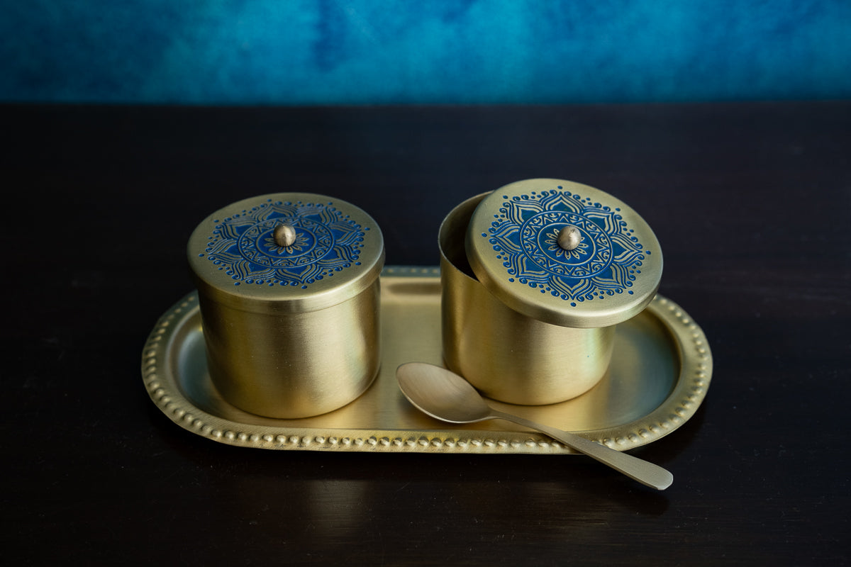 Utsav Brass Condiment Jars with Tray and Spoon (Blue)