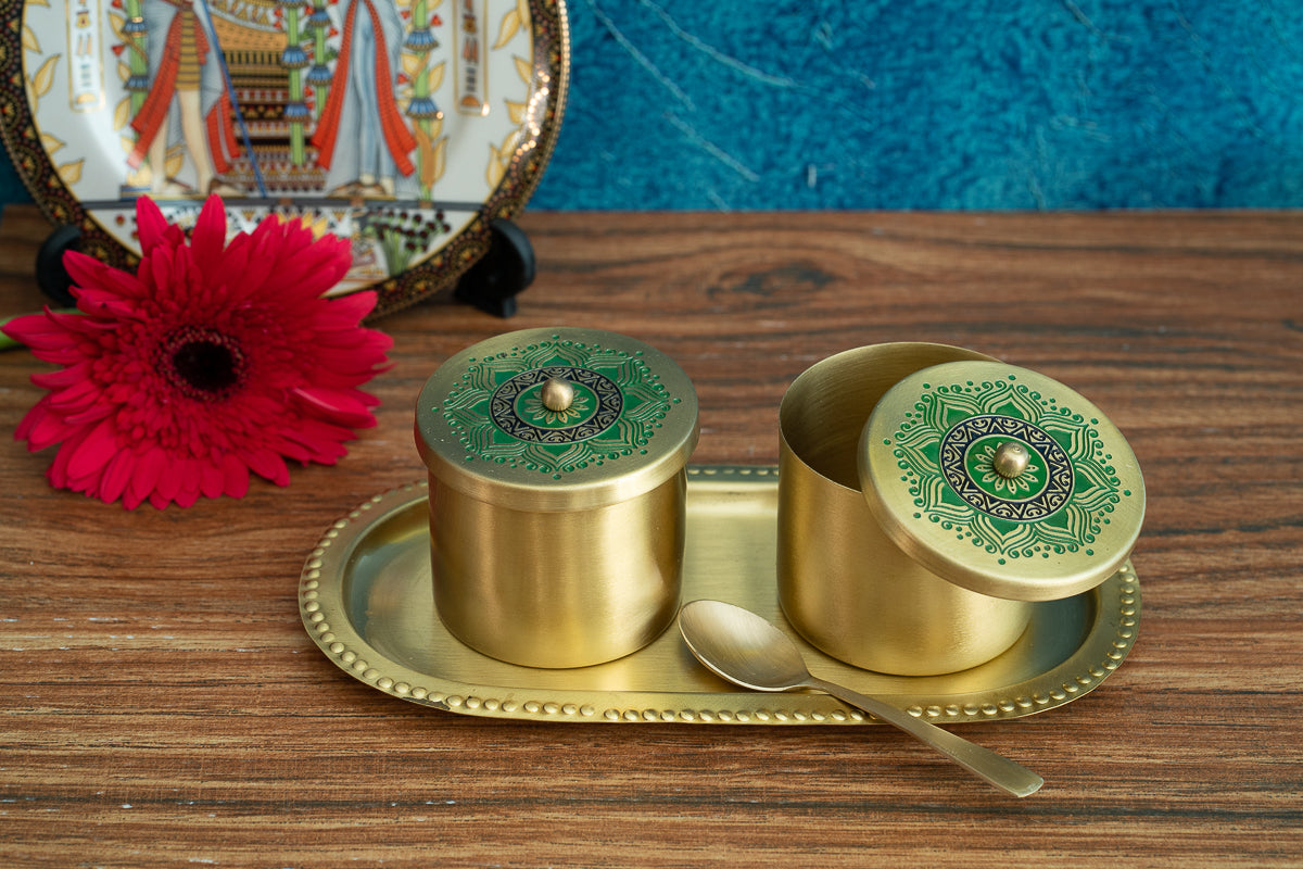 Utsav Brass Condiment Jars with Tray and Spoon (Green)