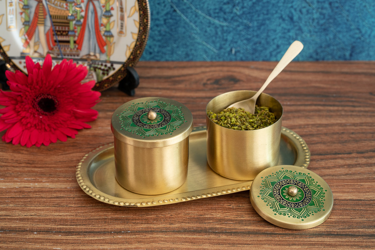 Utsav Brass Condiment Jars with Tray and Spoon (Green)