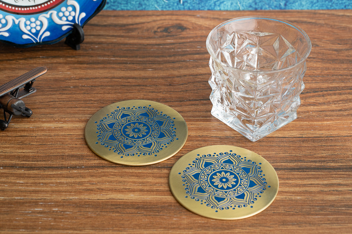 Utsav Brass Coaster - Set of 2 (Blue)