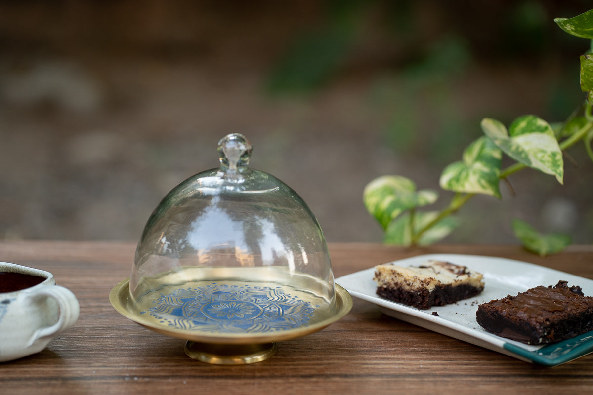 Utsav Brass Cake Stand with Glass Cloche (Blue)