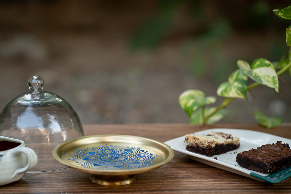 Utsav Brass Cake Stand with Glass Cloche (Blue)