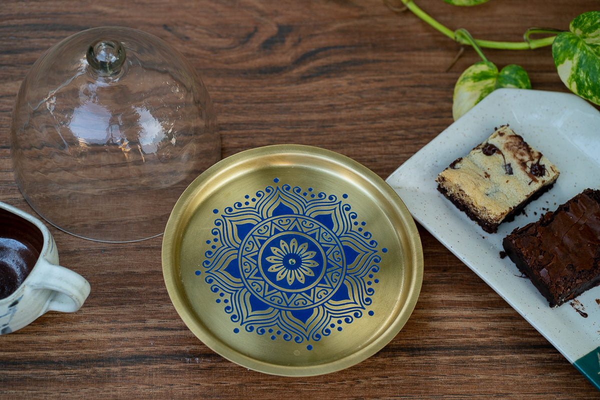 Utsav Brass Cake Stand with Glass Cloche (Blue)