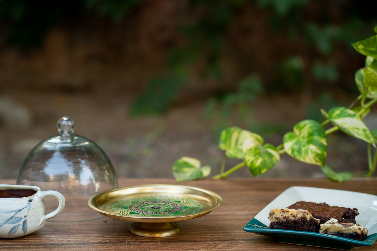 Utsav Brass Cake Stand with Glass Cloche (Green)