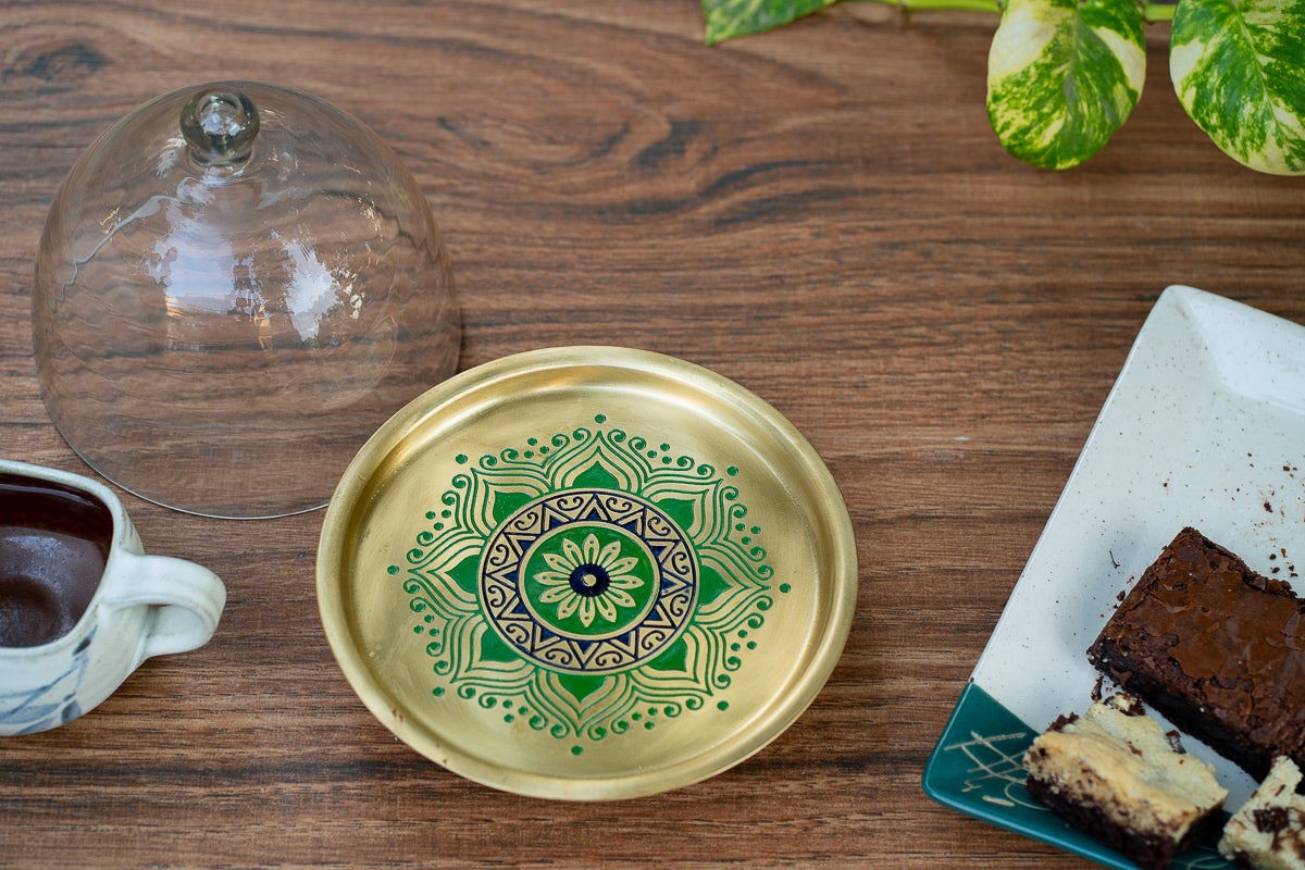 Utsav Brass Cake Stand with Glass Cloche (Green)