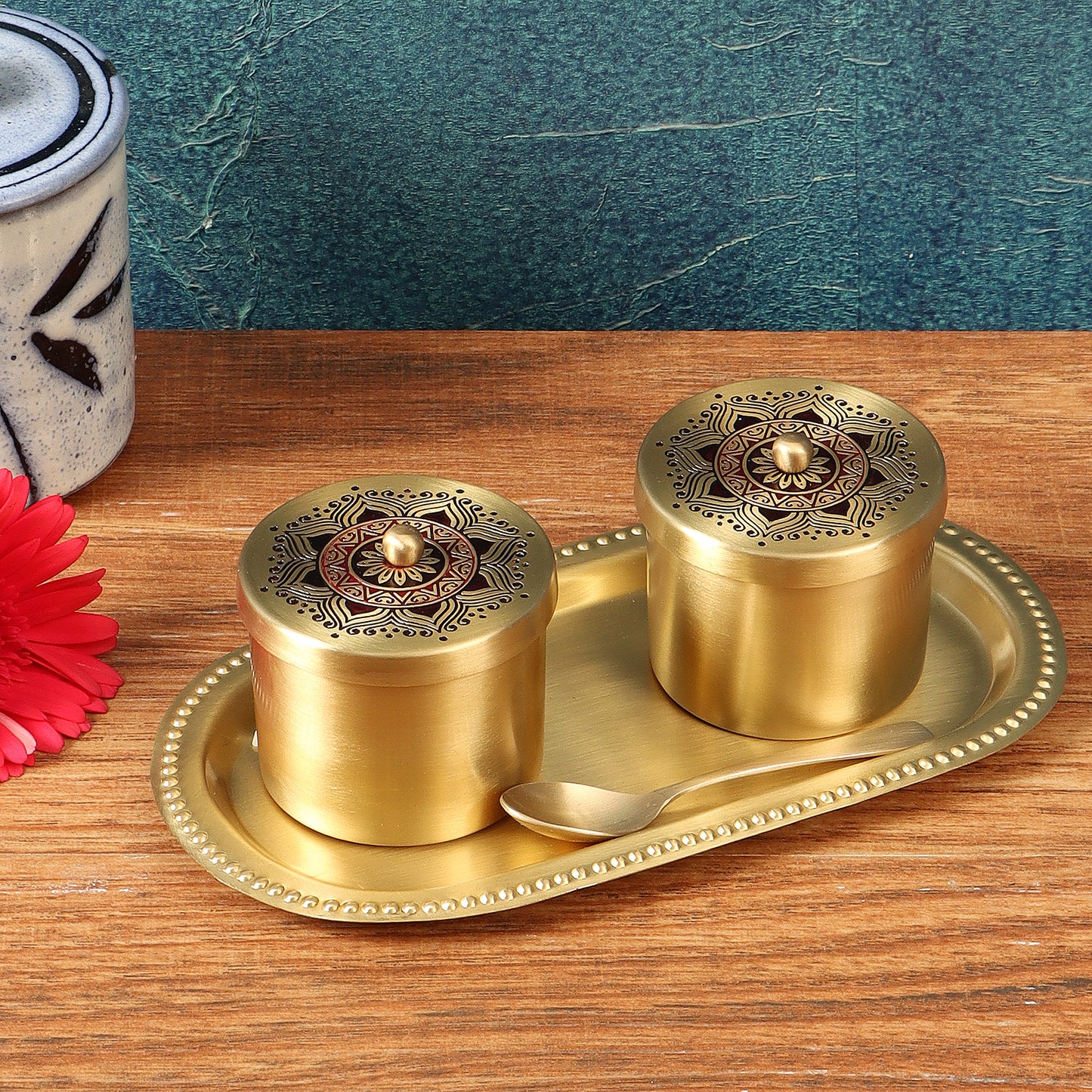 Utsav Brass Condiment Jars with Tray and Spoon (Maroon)