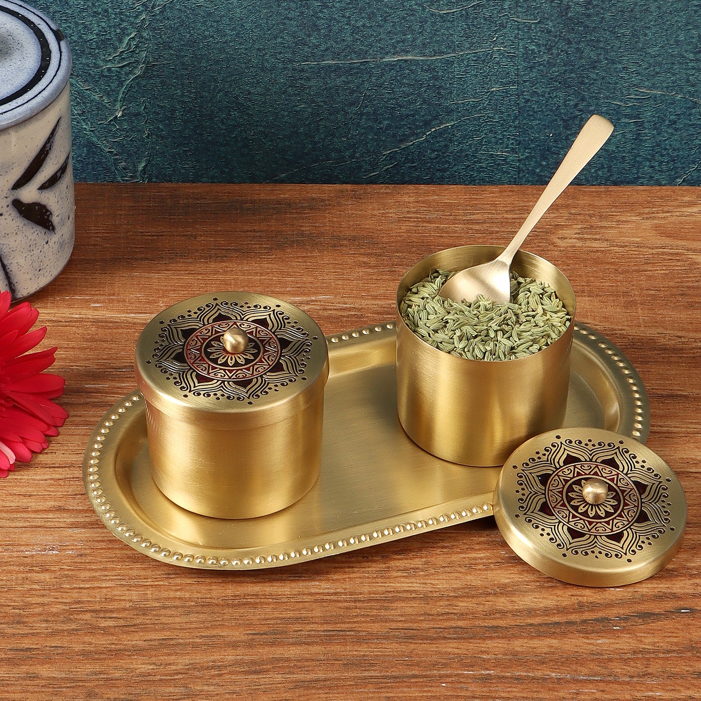 Utsav Brass Condiment Jars with Tray and Spoon (Maroon)