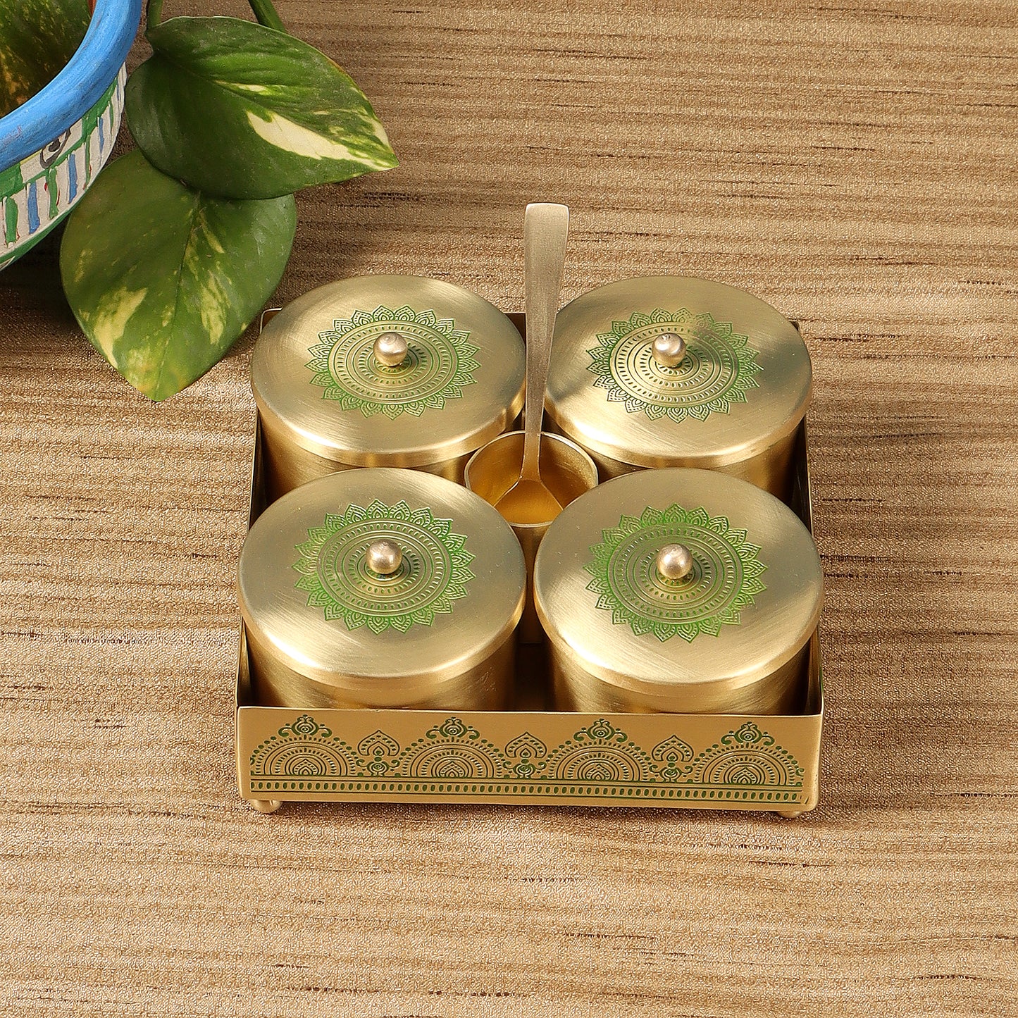 Dohar Brass Condiment Jars with Tray,Spoon holder & Spoon (Green)