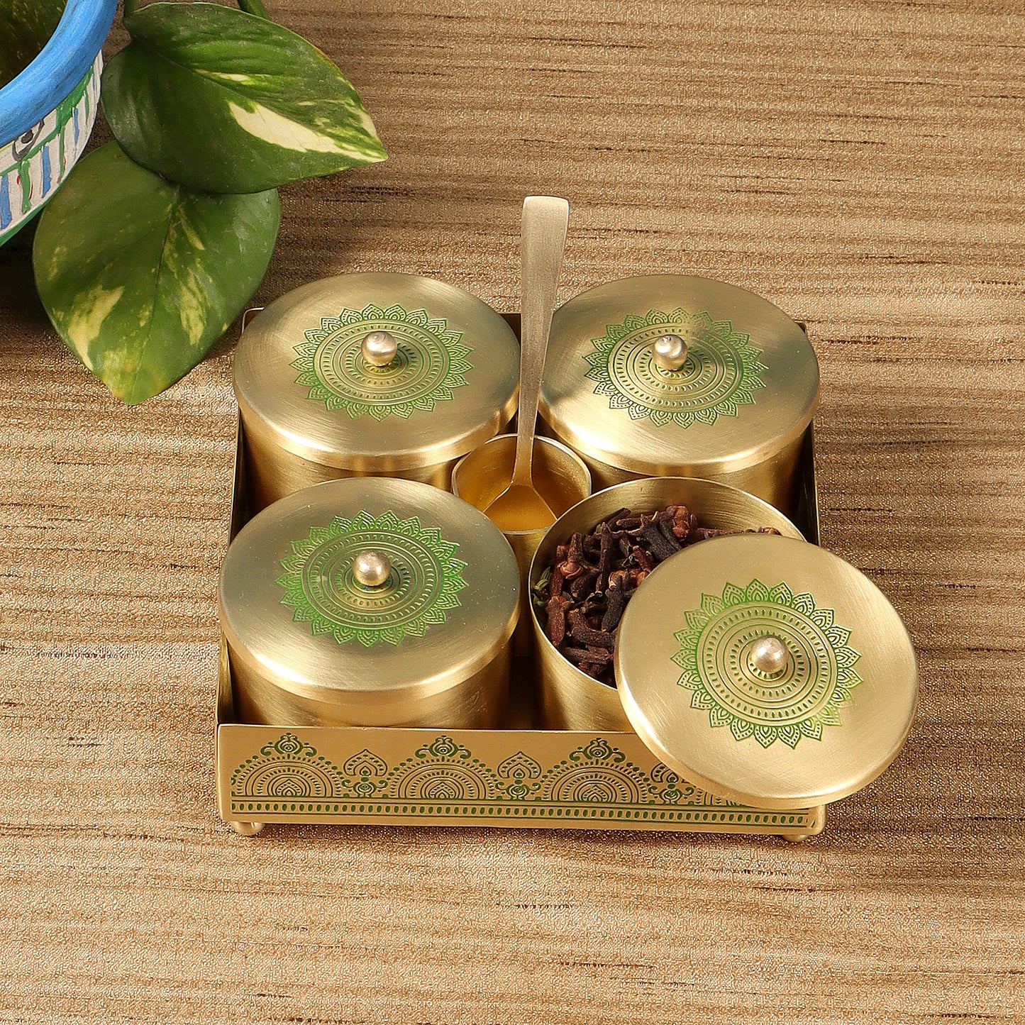 Dohar Brass Condiment Jars with Tray,Spoon holder & Spoon (Green)