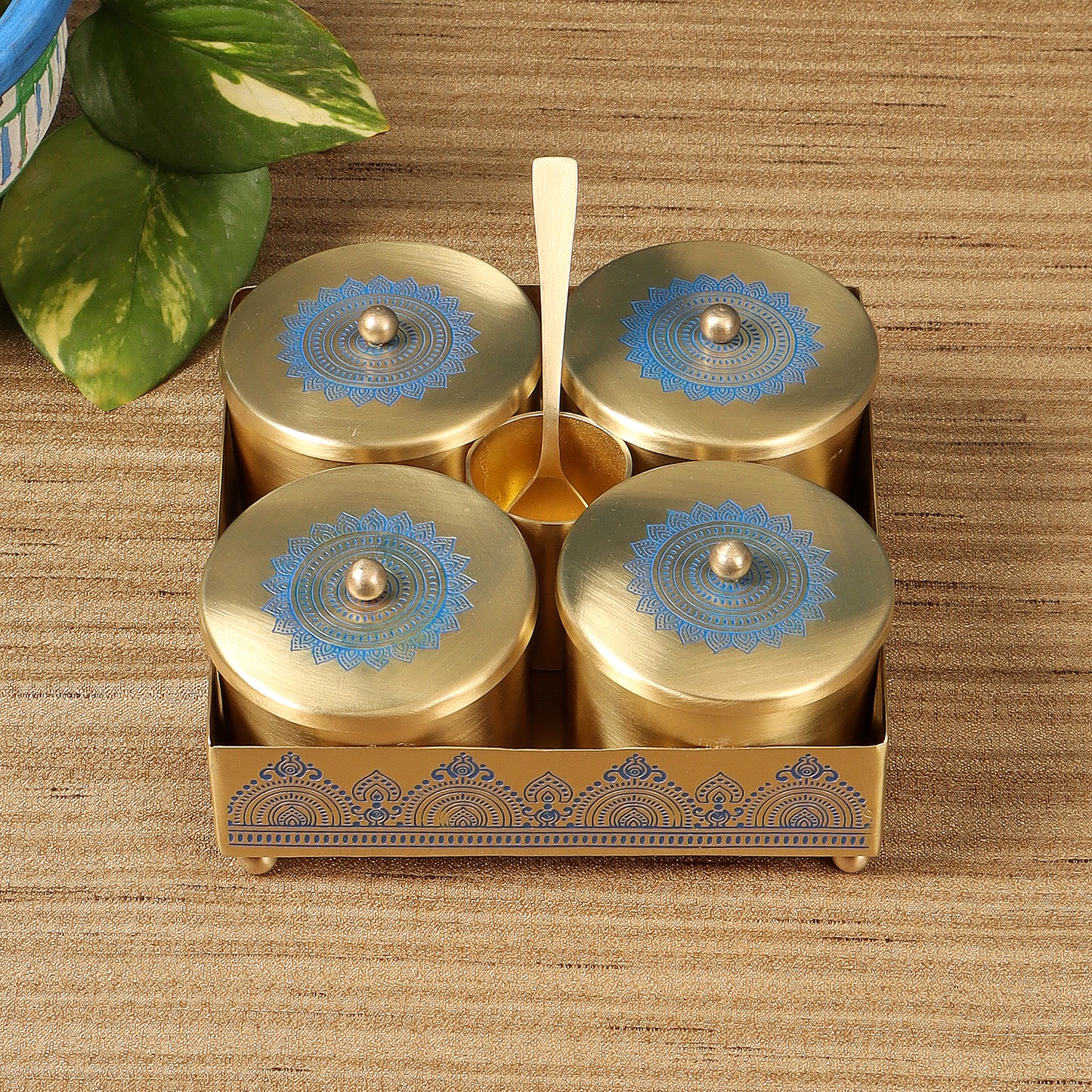 Dohar Brass Condiment Jars with Tray,Spoon holder & Spoon (Blue)