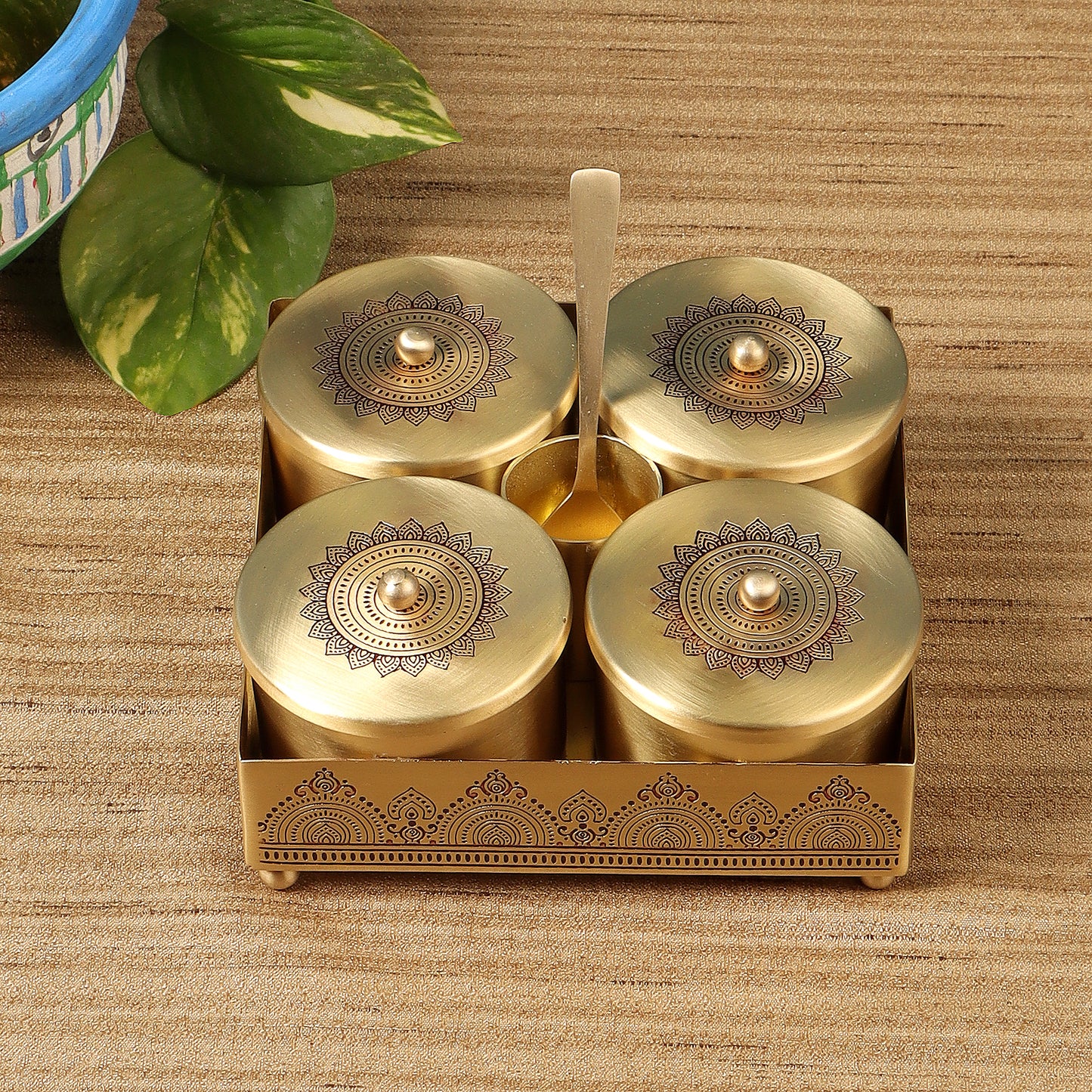 Dohar Brass Condiment Jars with Tray,Spoon holder & Spoon (Maroon)