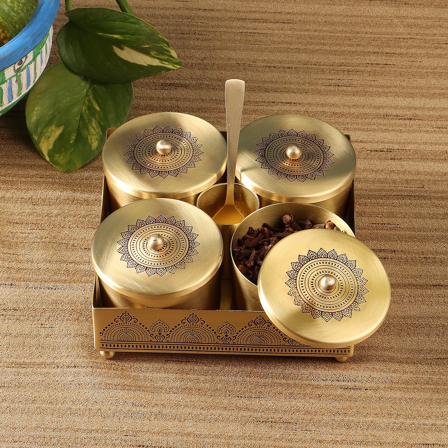 Dohar Brass Condiment Jars with Tray,Spoon holder & Spoon (Maroon)